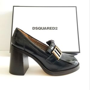 Dsquared2 Leather Fringe Block Heel Pumps Size 40 US 10 Deep G…